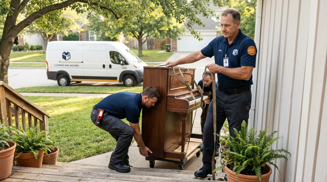 Licensed piano movers securing grand piano in Staunton, VA