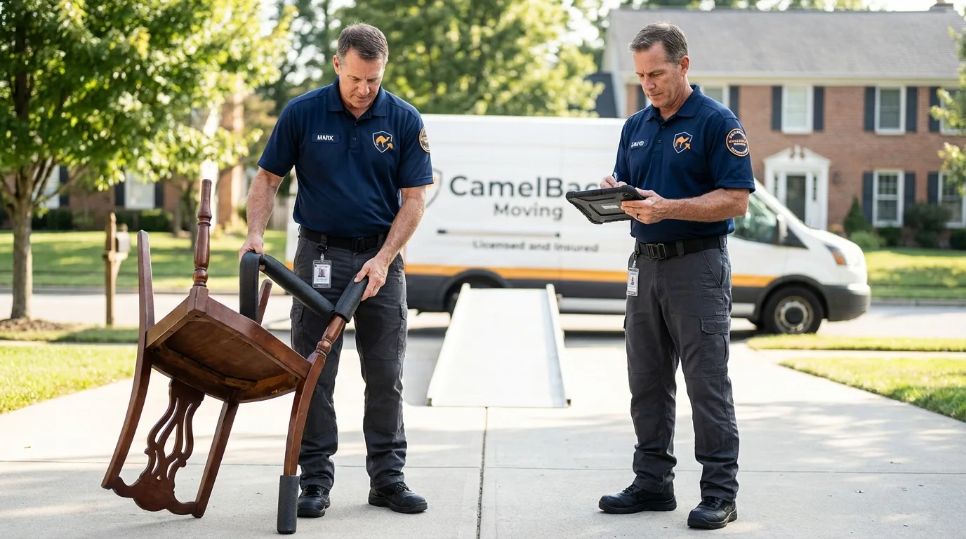 Movers inspecting furniture for damage prevention before loading in Staunton, VA