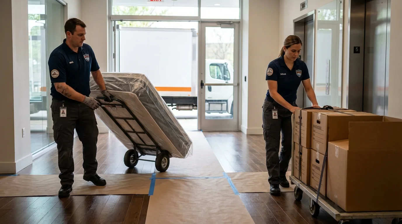 Professional apartment movers loading elevator in Staunton, VA