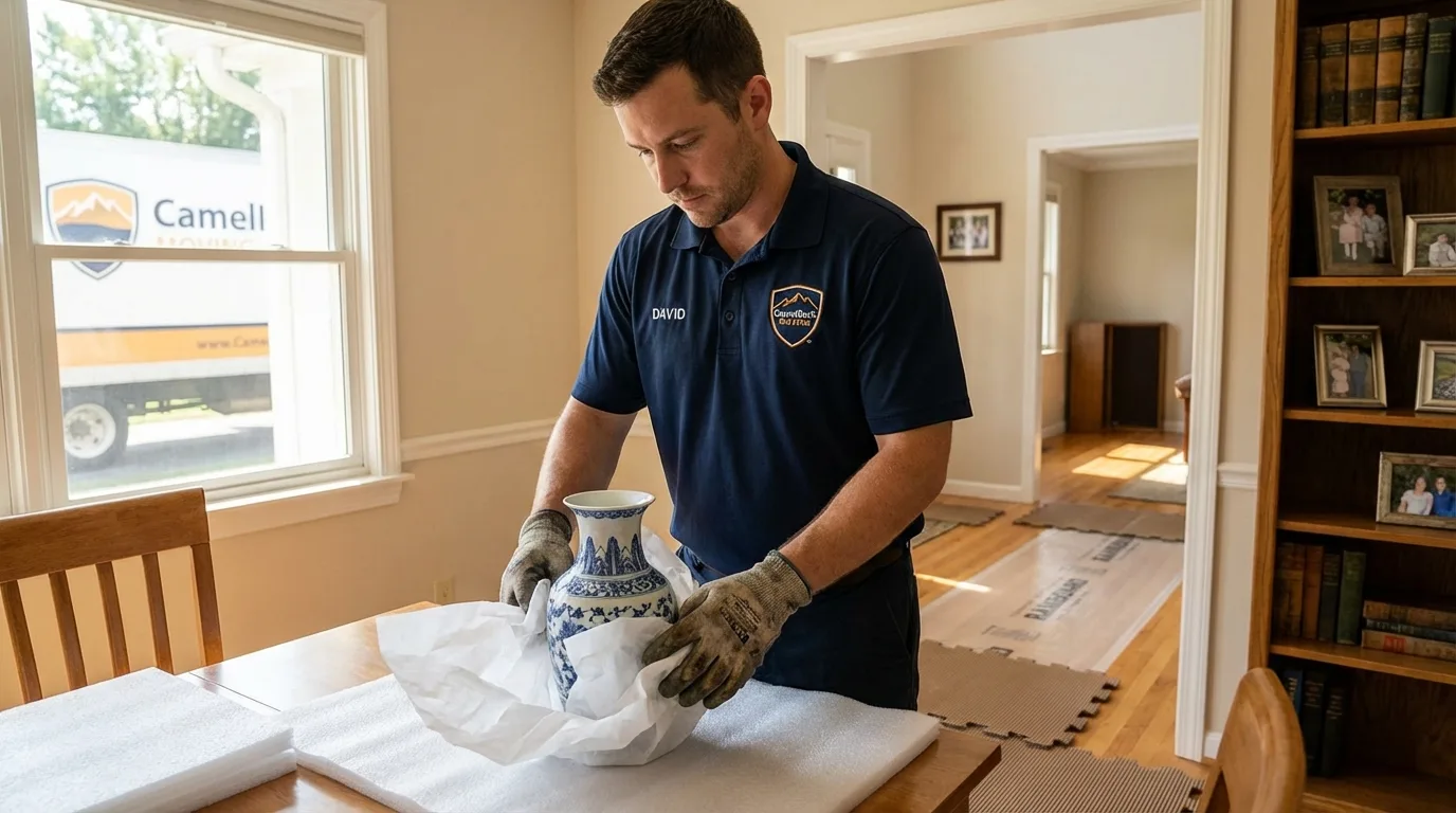 Professional crew carefully wrapping antique vase for senior downsizing move in Staunton, VA
